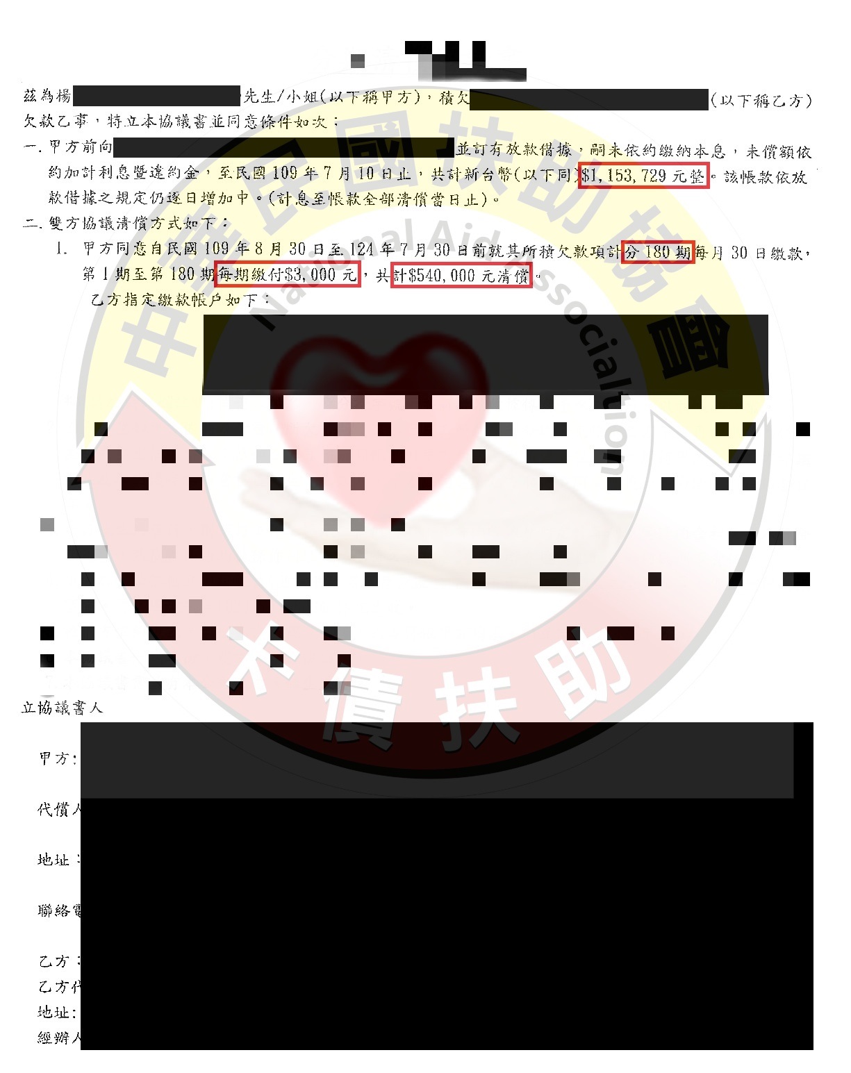 高雄楊先生-減免後協議依180期0%月付3,000元